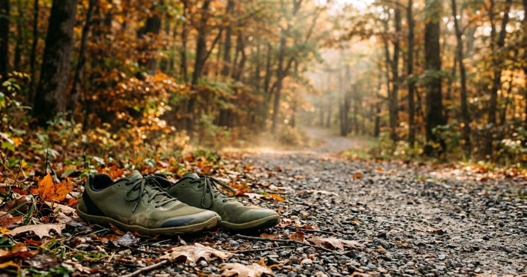 A pair of running shoes resting on a gravel park trail in gentle autumn morning light.