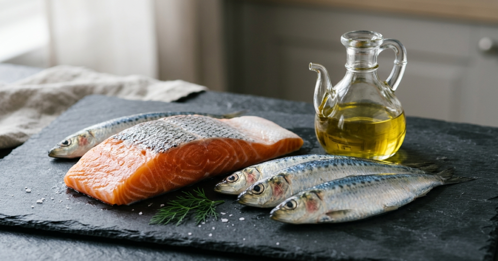 Fresh wild salmon fillet, whole sardines, and olive oil arranged on a slate surface in soft natural morning light.