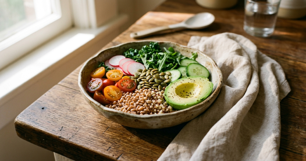 A ceramic bowl of whole grains, fresh vegetables, seeds, and avocado in natural morning sunlight on a wooden table