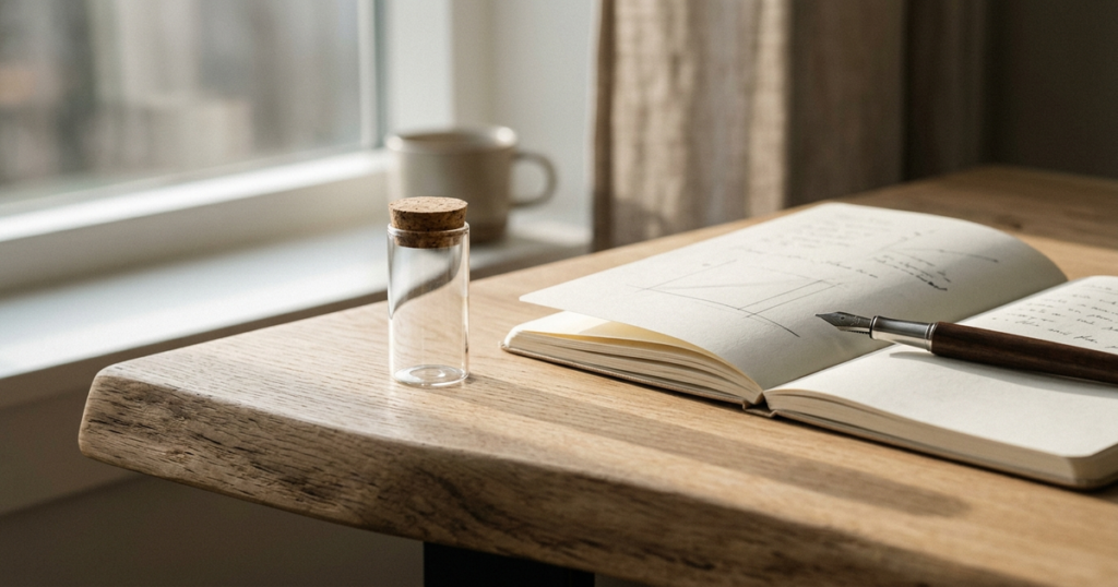 A small clear glass sample vial resting on a natural wooden table next to an open notebook in soft morning sunlight.
