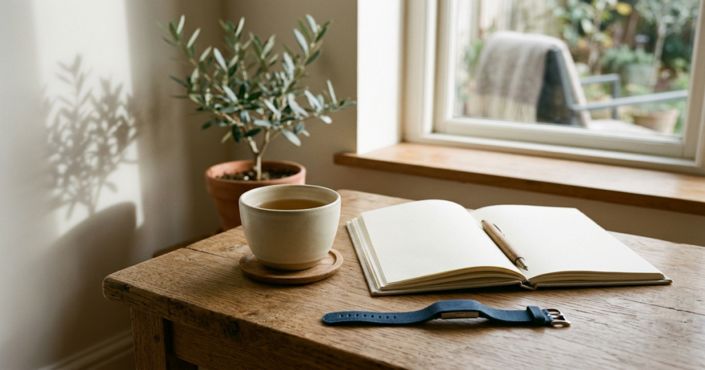 Ceramic cup of chamomile tea beside an open linen journal and unclasped fitness wristband on an oak table in morning light.