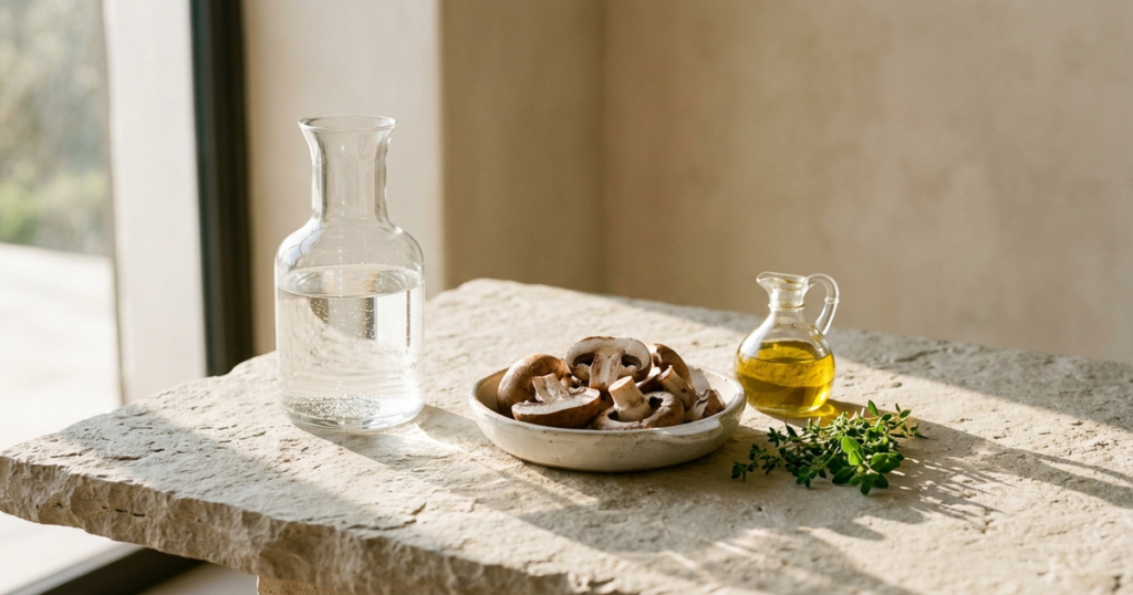 A rustic ceramic dish of fresh cremini mushrooms beside a glass cruet of golden olive oil and a water carafe in warm morning sunlight.