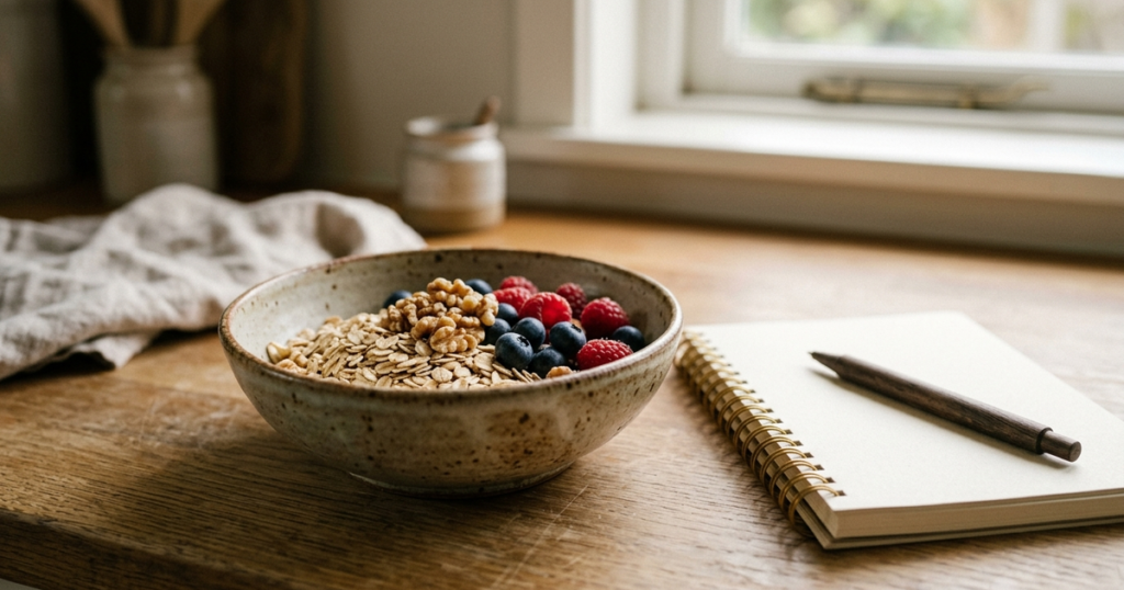Ceramic breakfast bowl with whole rolled oats, walnuts, and fresh berries on a wooden counter next to a notebook in morning sunlight
