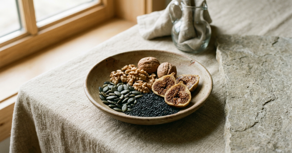 A small ceramic dish filled with raw walnuts, pumpkin seeds, and dried figs on a textured linen surface in soft natural morning light.